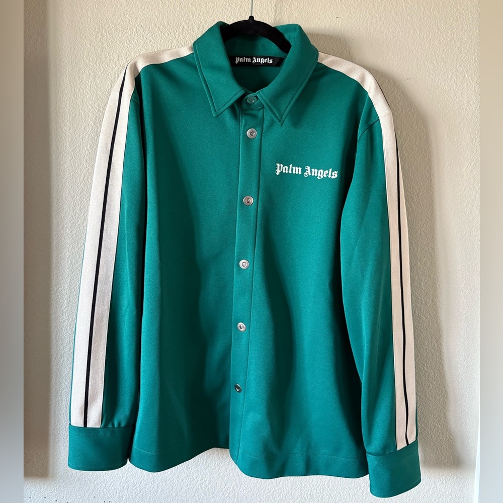 Palm Angels Green Shirt Jacket with White Stripes